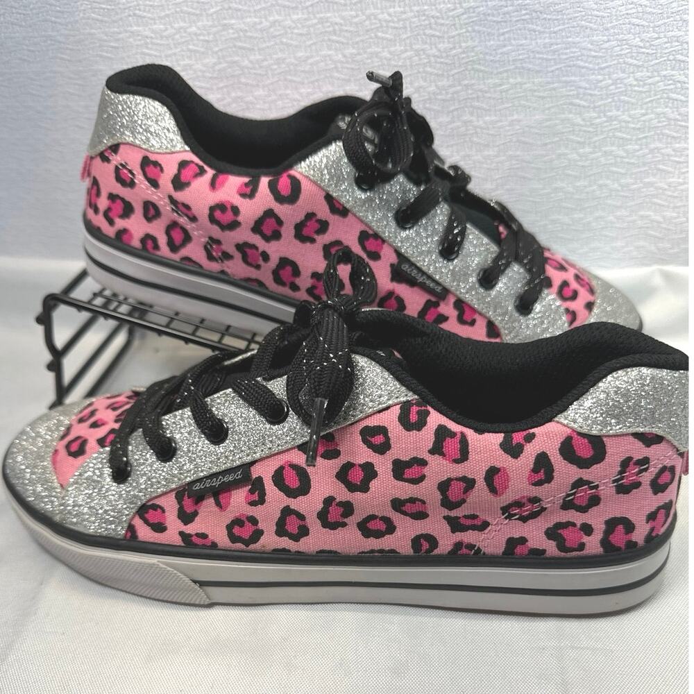 Airspeed Womens Pink Leopard Print Silver Glitter Sneakers Size 6
